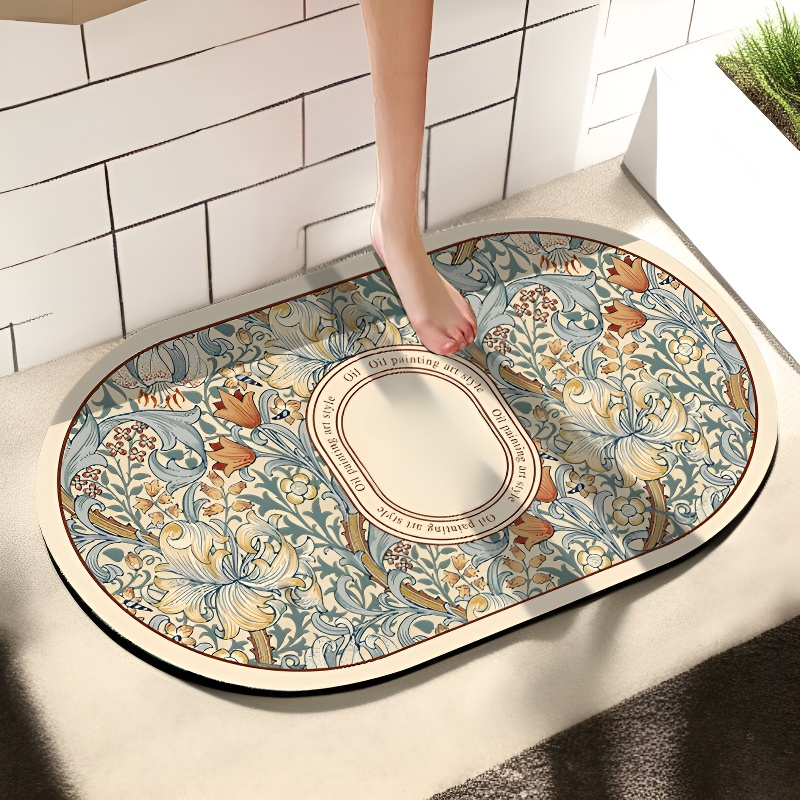 Quick Dry Diatomaceous Earth Non-slip Mat Floral Kitchen Bathroom Dual Use Washable Oval