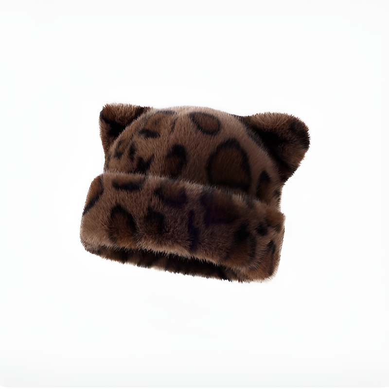 Thick Plush Leopard Print Bear Ear Warm Hat