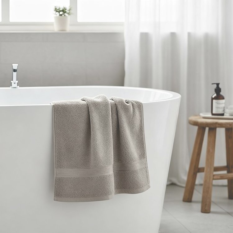 소프트 촉감의 회색 목욕 타월 클로즈업