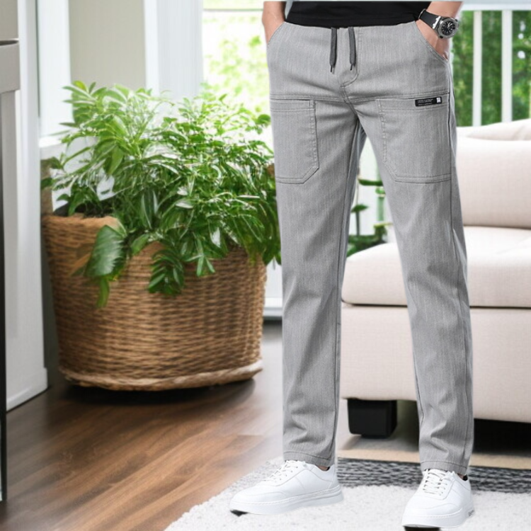 デニム風6ポケットバンドウエスト薄手カジュアルパンツ