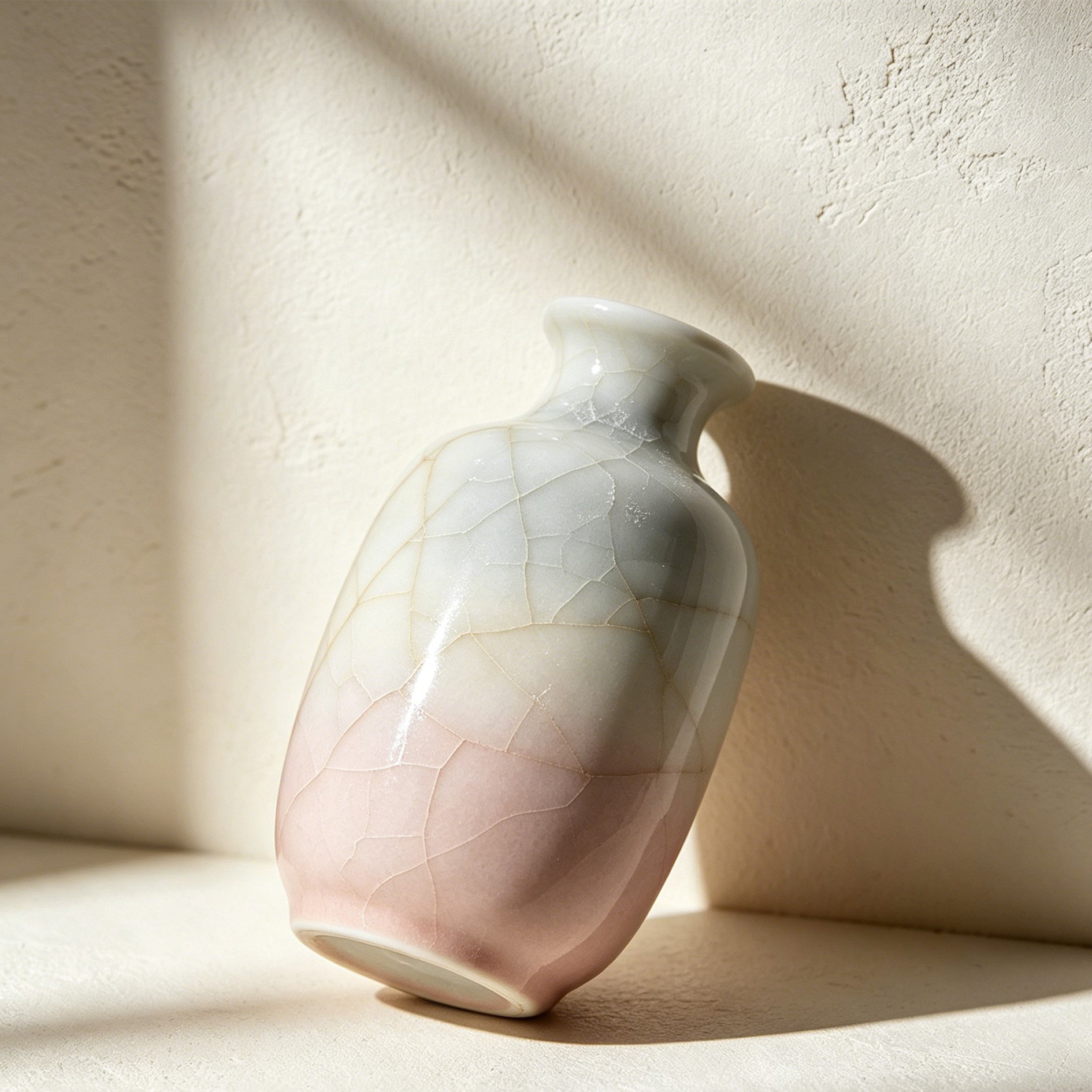 Kleine Keramikvase mit rosa-weißem Farbverlauf und Craquelé-Effekt