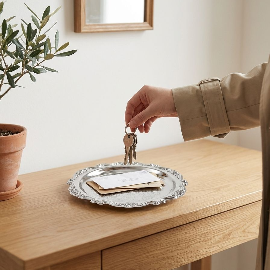 Rustic metal storage tray holding cosmetics