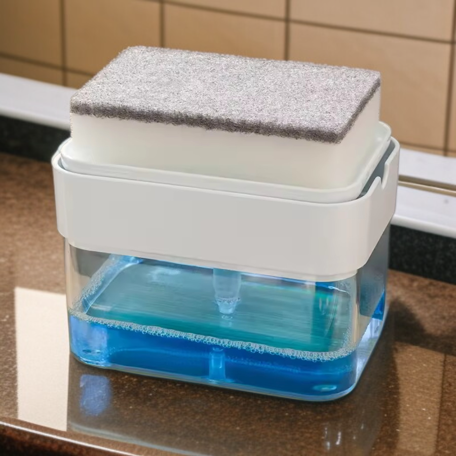 Press-type kitchen soap dispenser with sponge holder on sink