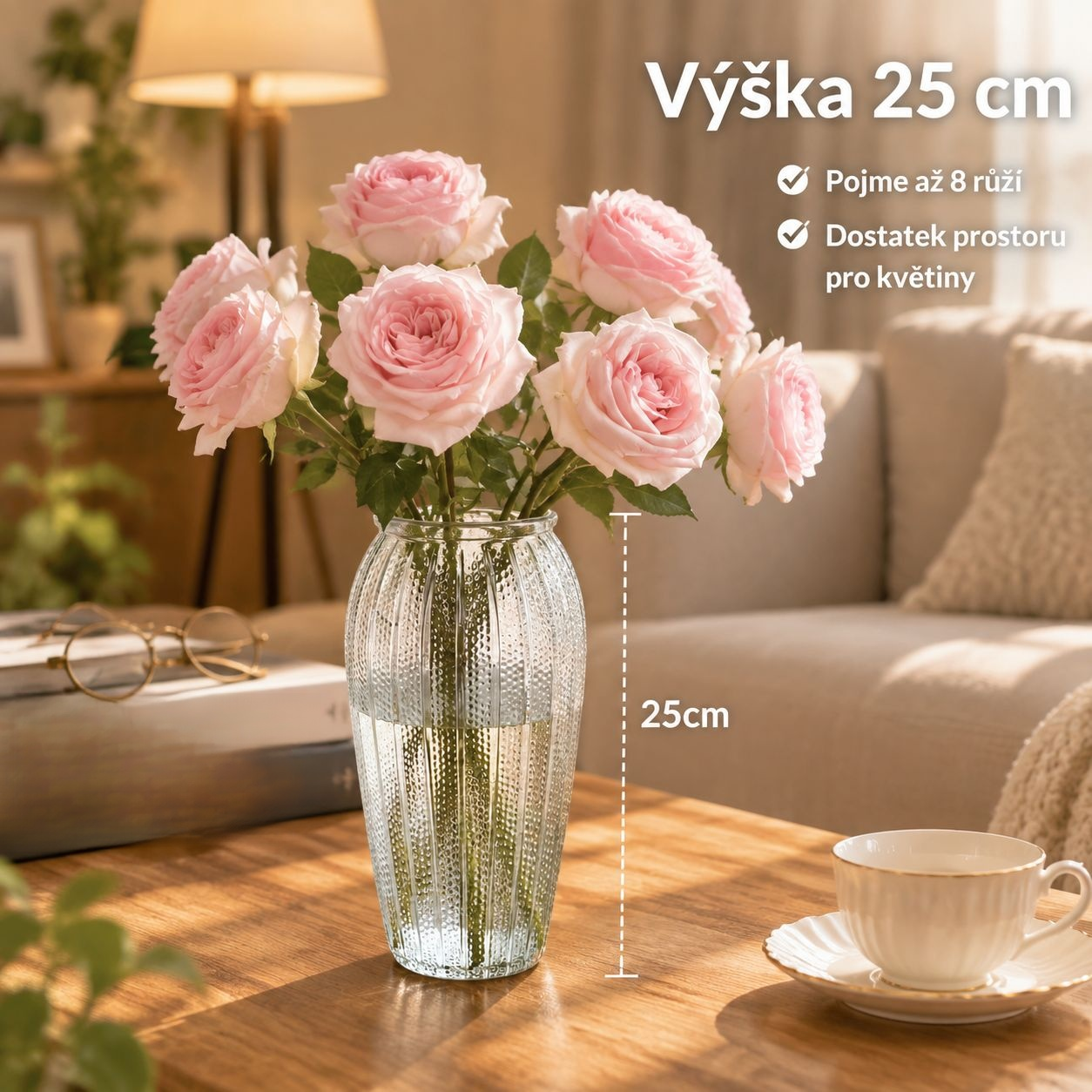 Luxusní průhledná skleněná váza na čerstvé květiny, dekorace do obývacího pokoje