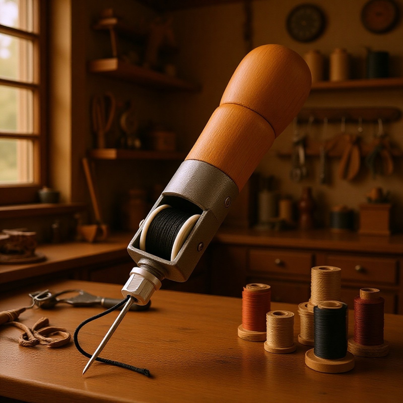 Detailansicht des Handnähwerkzeugs für Lederhandwerk