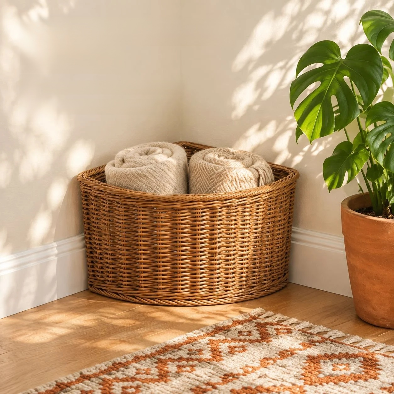 Durable and sturdy corner basket holding cleaning supplies in a cabinet.