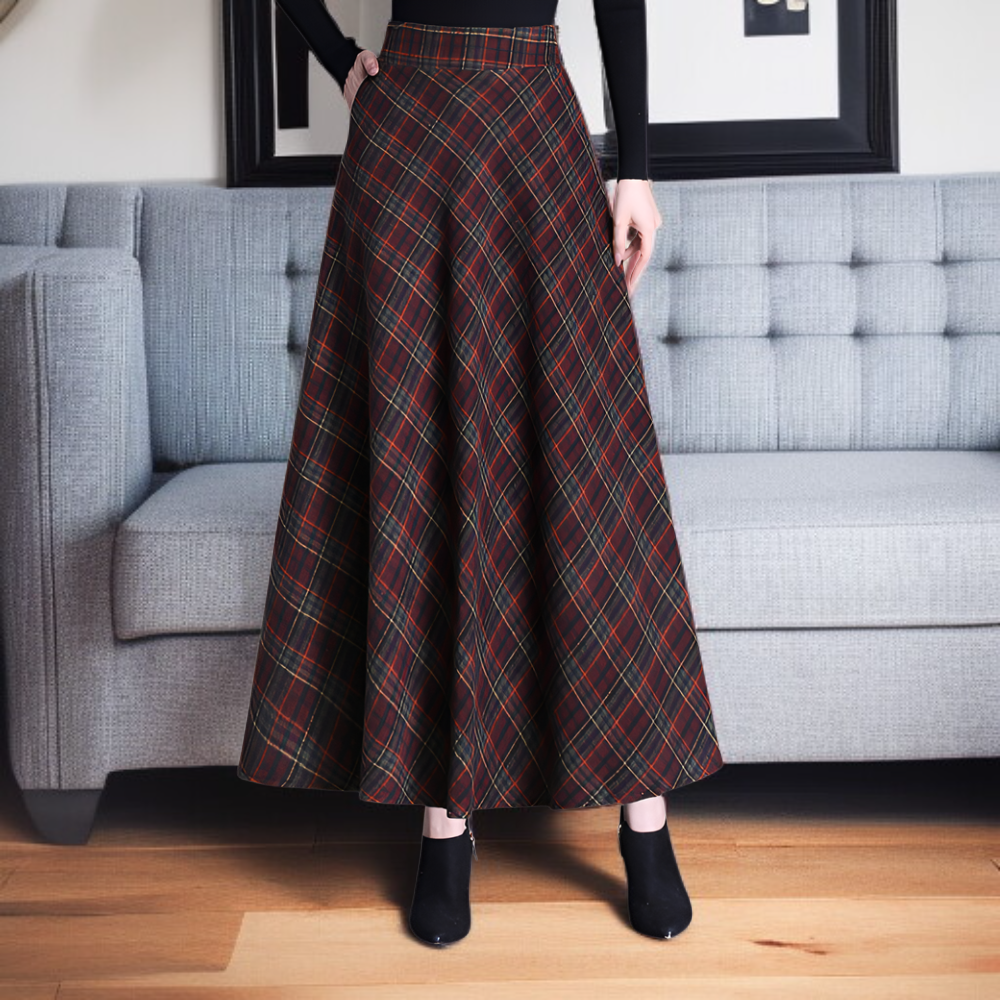 울 체크무늬 미디 스커트
