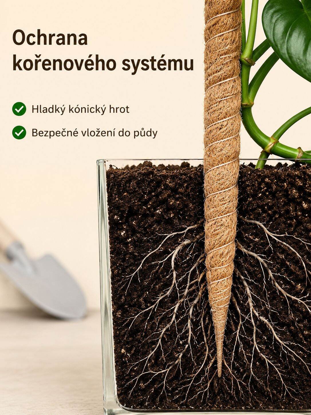Zelenec upevněný na kokosovém sloupku