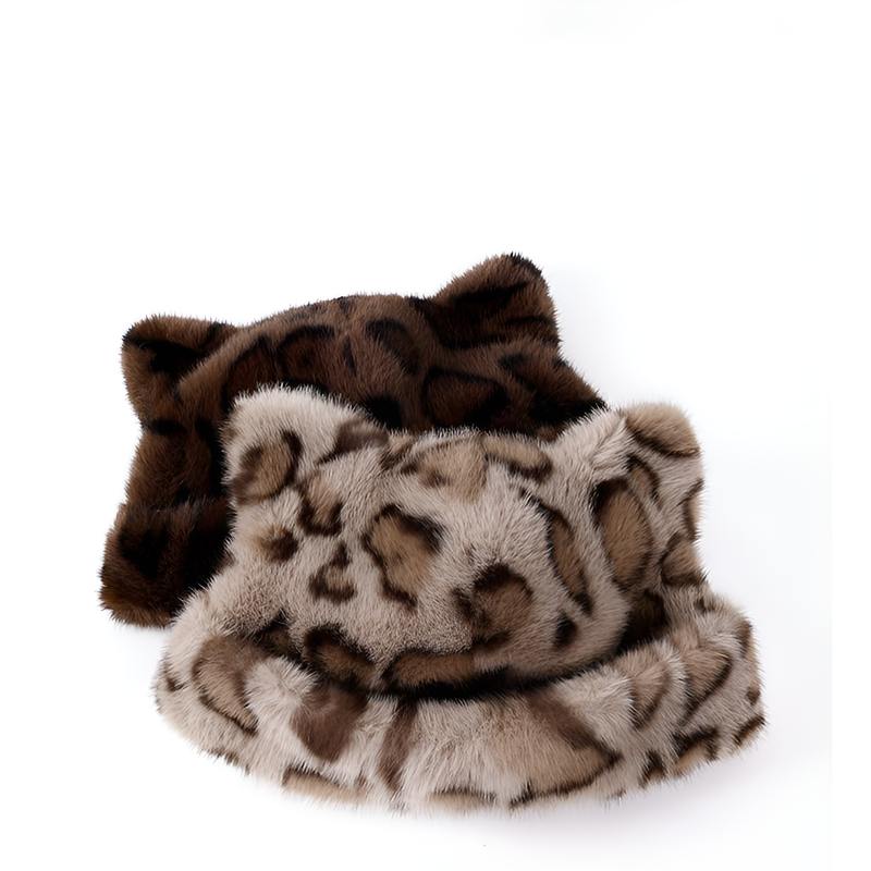 หมวกหมีขนฟูหนาลายเสือดาวกันหนาว