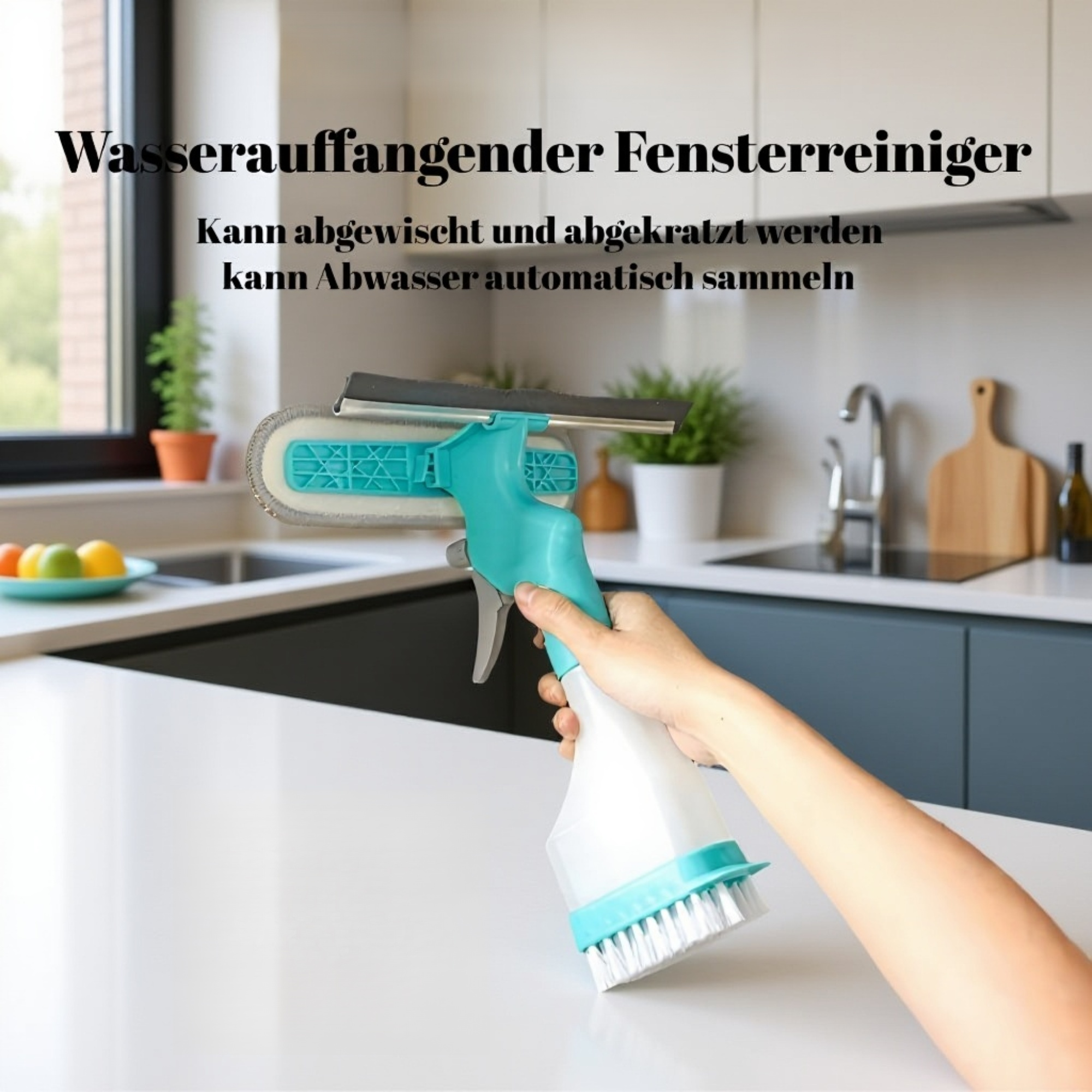 Doppelseitiger Glasreiniger mit Abziehleiste im Einsatz am Fenster