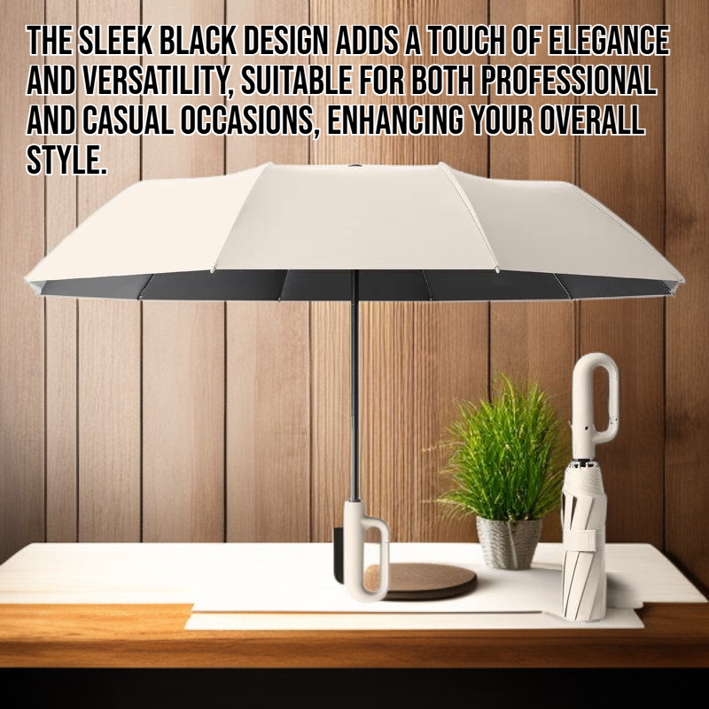 Automatic buckle black rubber umbrella open on a rainy day