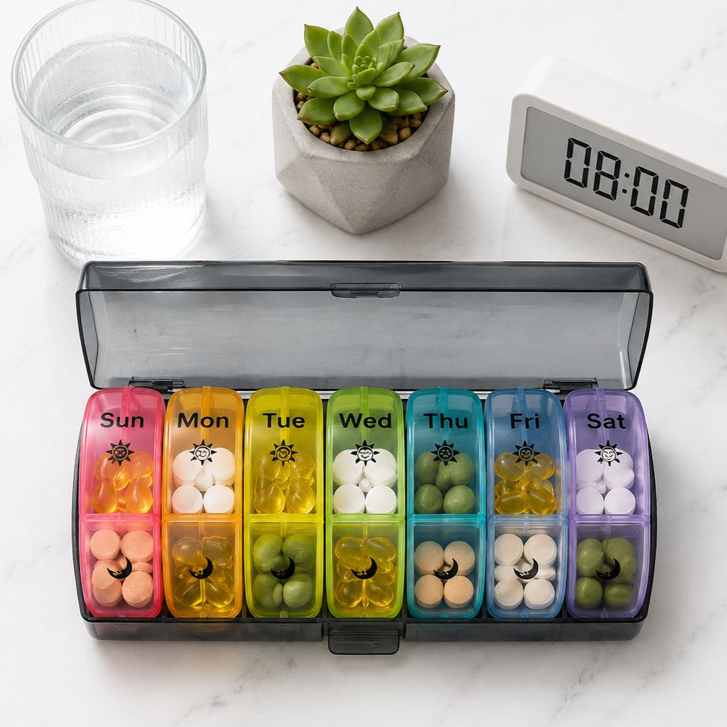 14-Fächer tragbare, abnehmbare, feuchtigkeitsgeschützte Wochen-Pillenbox für morgens und abends