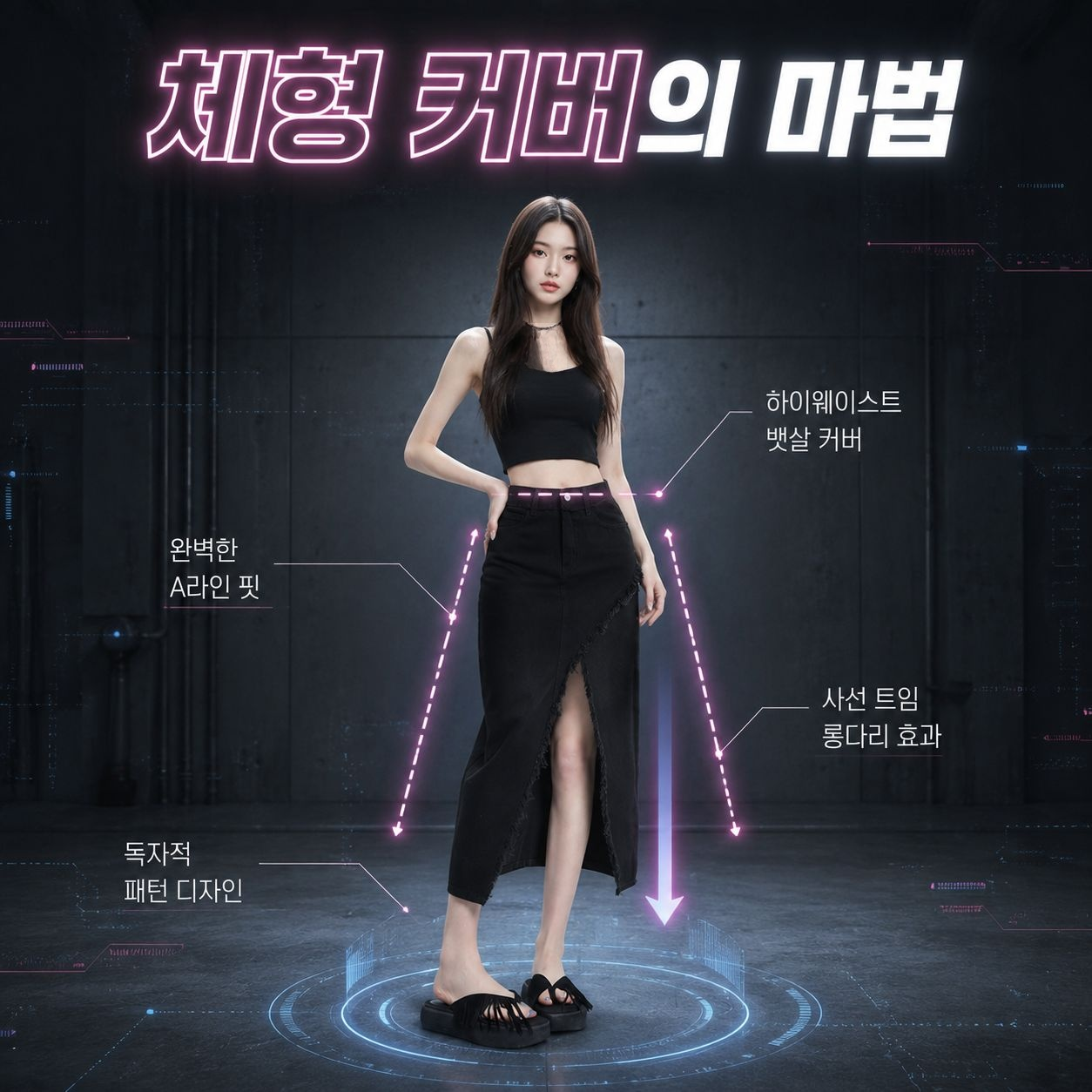 키 작은 여성 하이웨스트 트임 데님 롱스커트 하프스커트