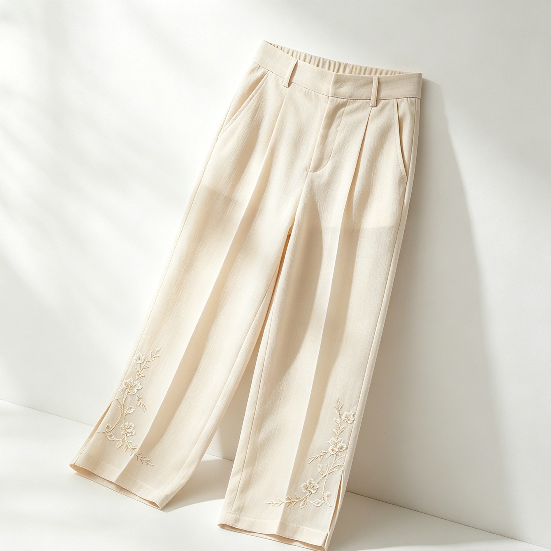 枝の刺繍入り サイドスリット・クロップドシガレットパンツ