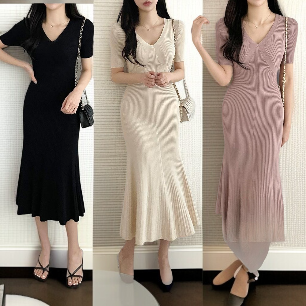 반팔 슬림 미디스커트 솔리드 니트 브이넥 풀오버 원피스