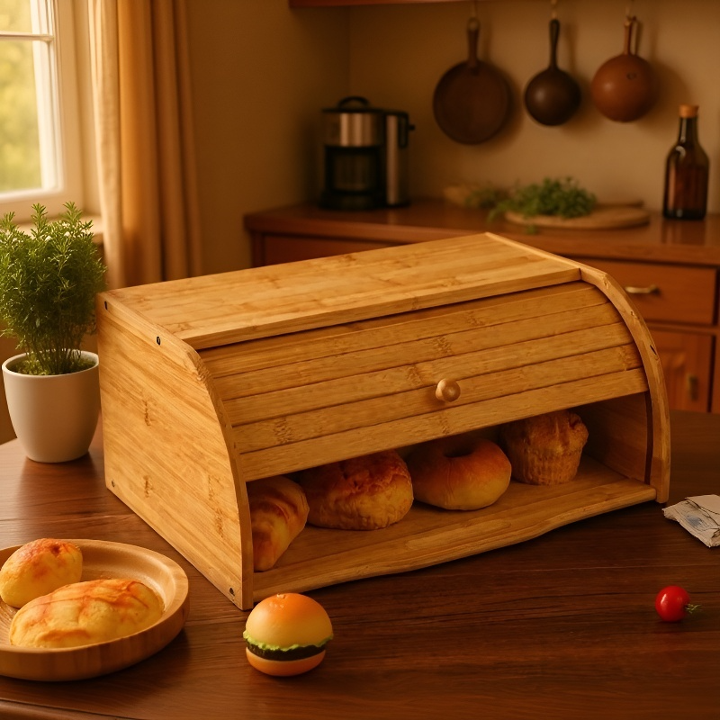 Dřevěný chlebník z bambusu v japonském stylu na kuchyňské lince