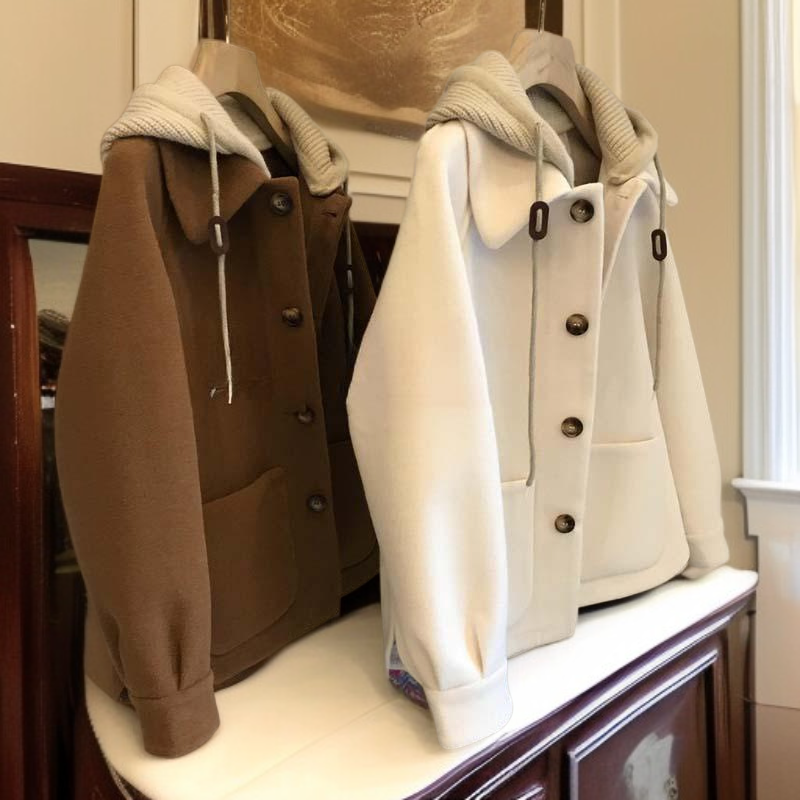 패치워크 후드 울 코트, 빈티지 루즈핏 재킷, 페이크 투피스 여성 코트