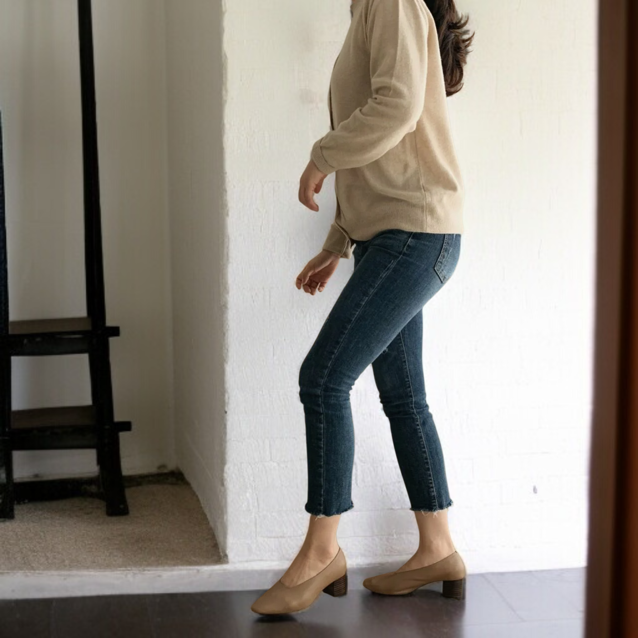 단화녀 춘추 소프트 가죽 스퀘어 슈즈 미들 굽 여성화