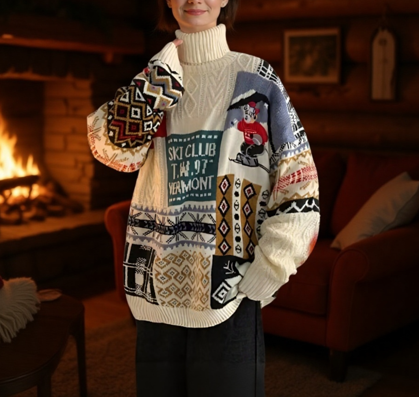 冬用クリスマスカップルセーター 高領 アメリカンスタイル 厚手ニット ゆったり 男女ペア