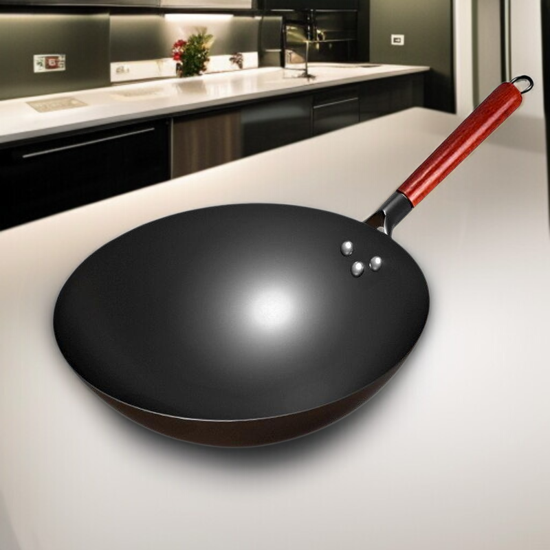 Sartén de hierro artesanal de Zhangqiu sin recubrimiento, apta para estufa de gas, antiadherente