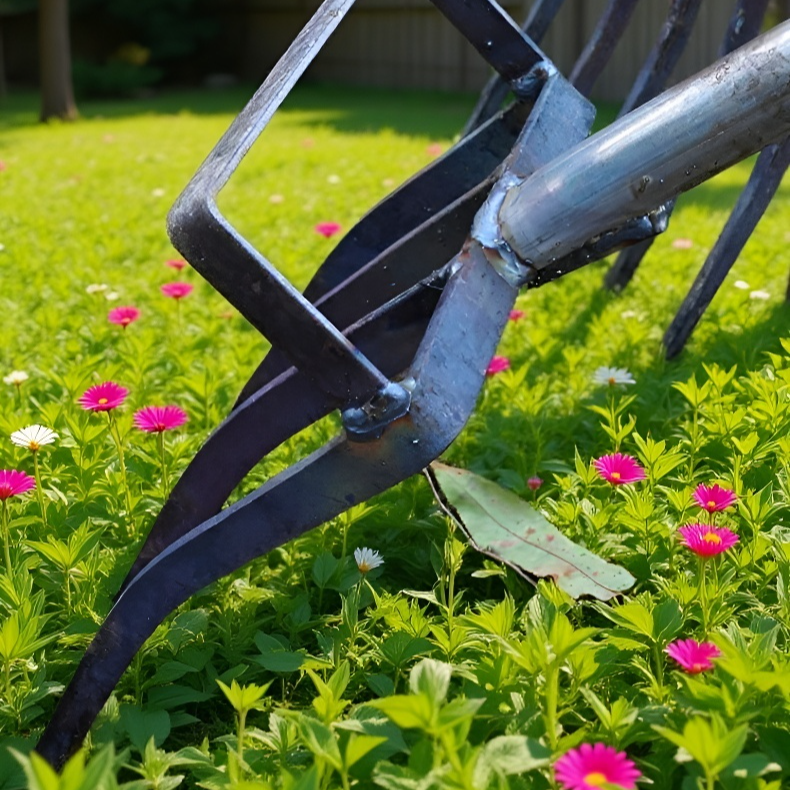 畑で使う四叉マンガン鋼シャベルのアップ