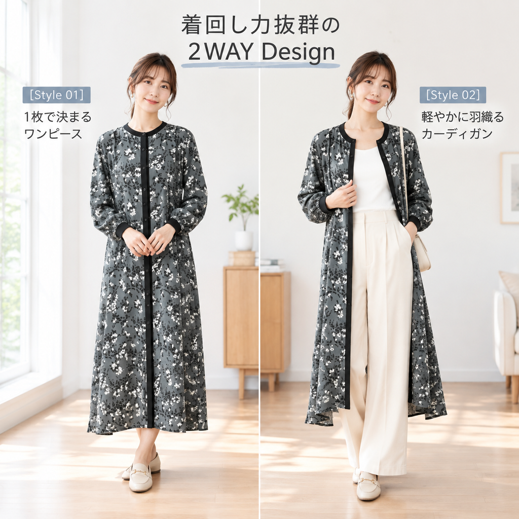 花柄クルーネックロングシャツドレス