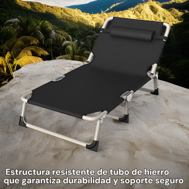 Cama portátil de tubo de hierro de tres pliegues para exteriores con almohada