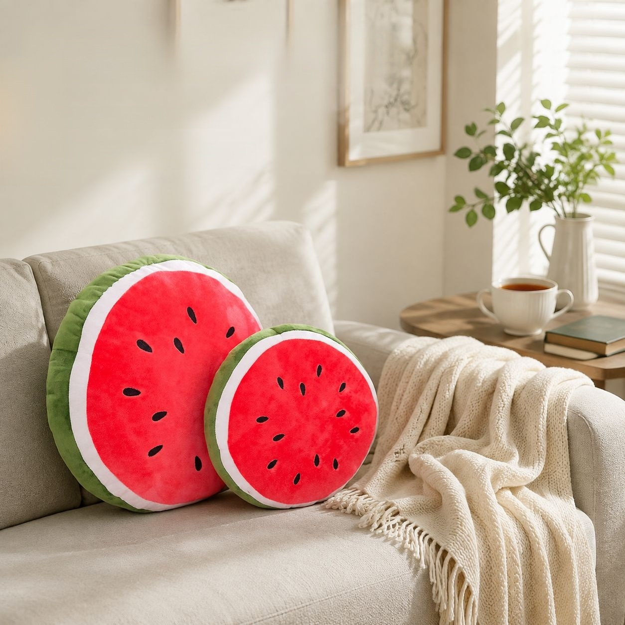 Decorative watermelon fruit cushion for a bedroom or sofa
