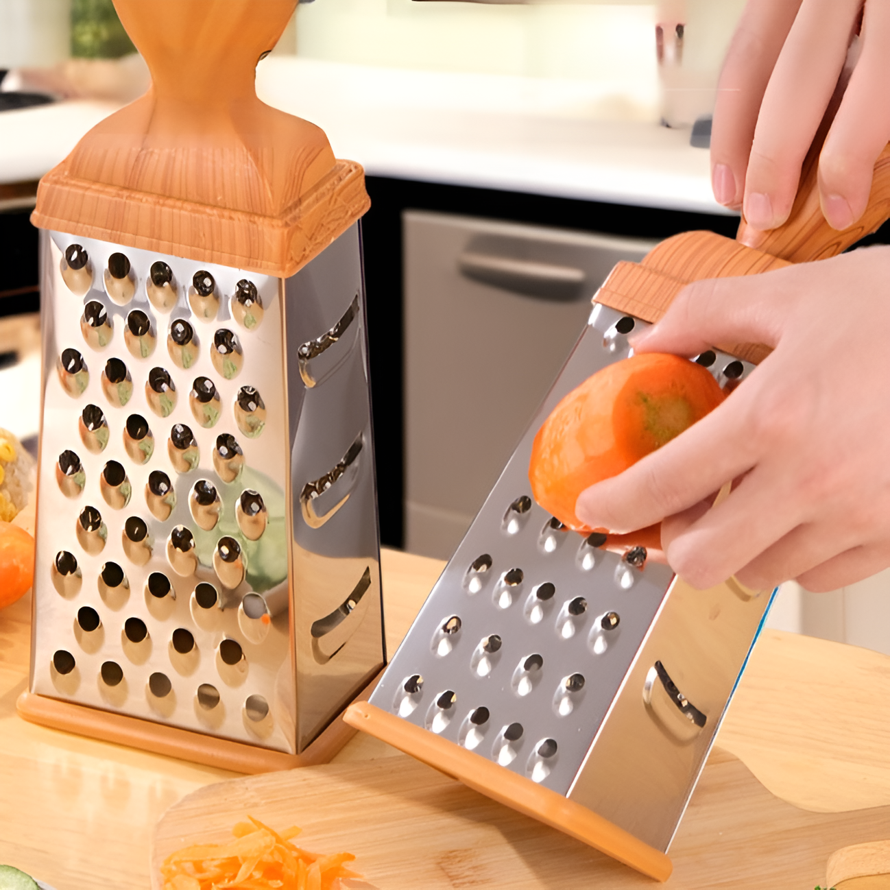 나무 질감의 손잡이가 달린 다면형 면도 도구