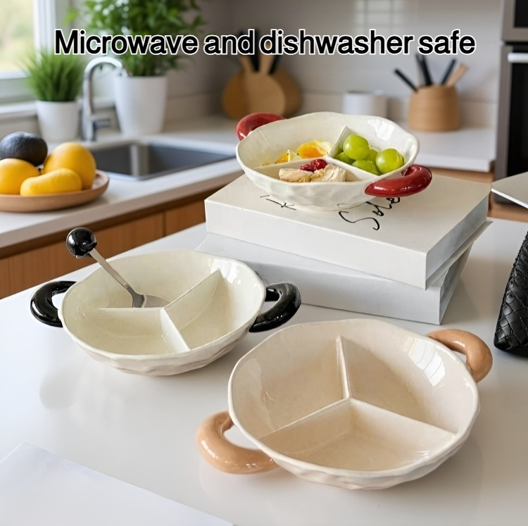 Ceramic dining plate with three dividers for portion control