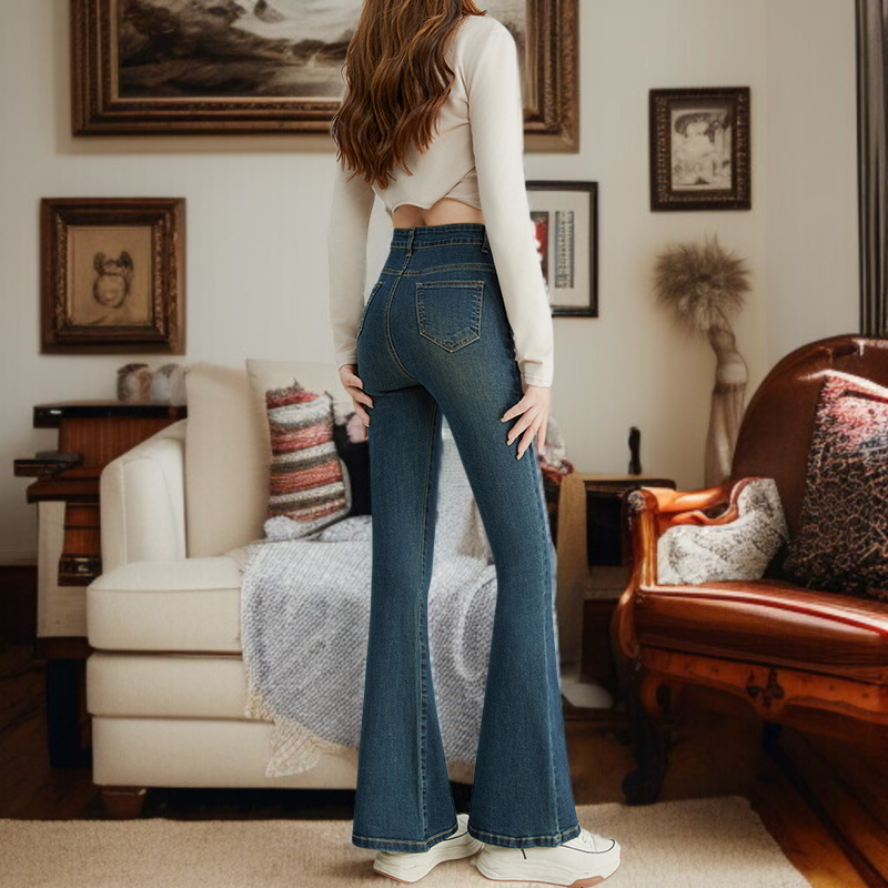 小さめハイウエストワイドジーンズ女性春春スリム細めマイクロフレアワイドパンツ