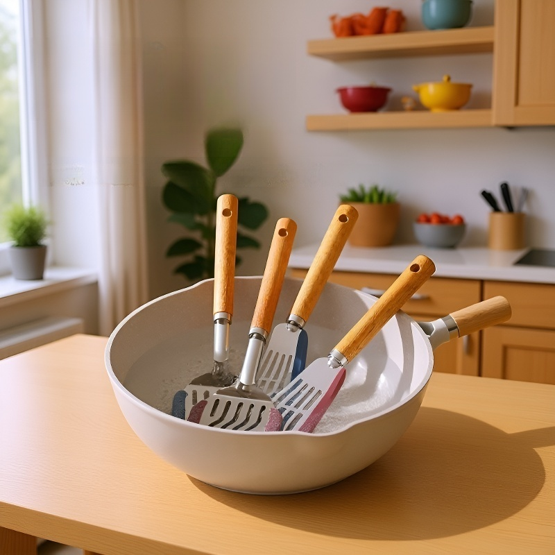 실리콘 주걱이 달린 견고한 나무 노스틱 팬