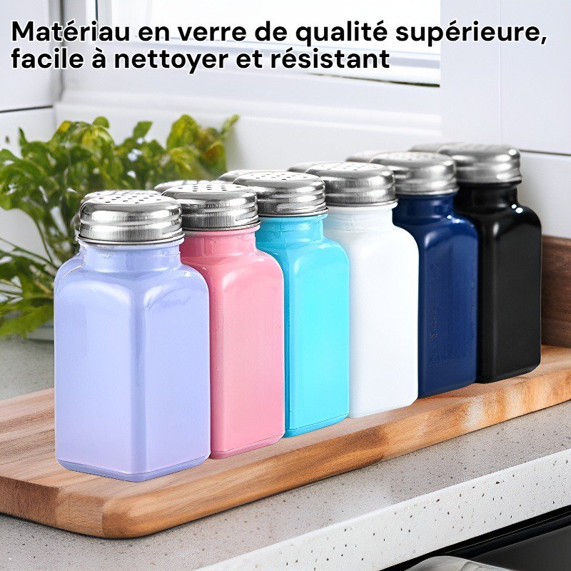 Bouteille à épices en verre carré noir et blanc, idéale pour poivre et sel