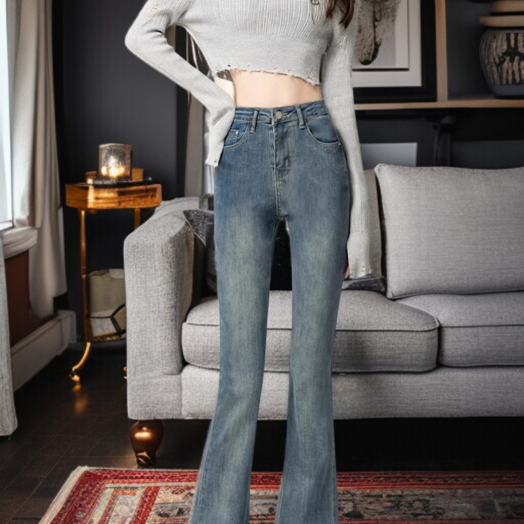 여성 하이웨스트 조거 스판 슬림핏 데님 팬츠 봄 퍼플레어 데님 팬츠