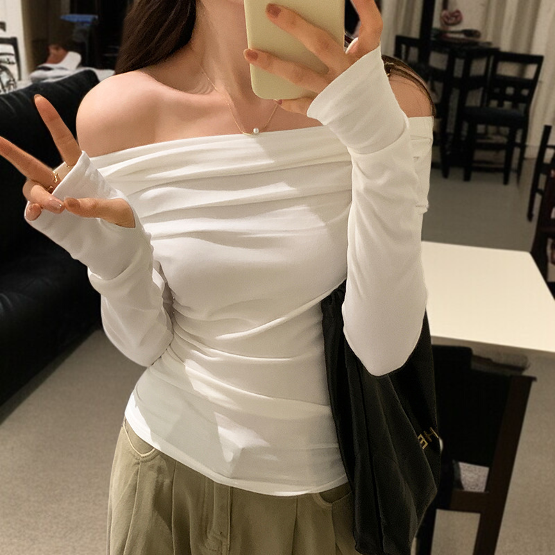 허리 조이는 쇼트 상의 셔링 섹시 쇼트 상의 긴팔 티셔츠 여 슬림핏 허리 조이는 봄옷