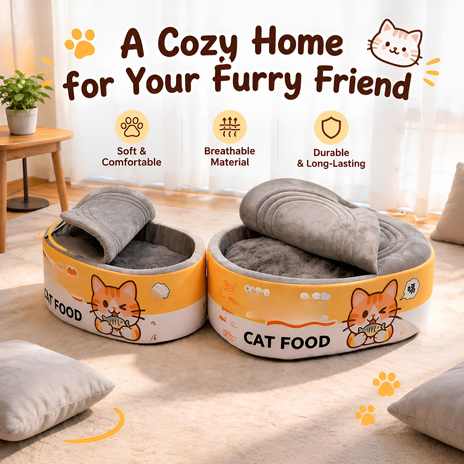 Cat food can shaped cat bed, flip-top semi-enclosed pet bed with Velcro fastening, thickened plush n