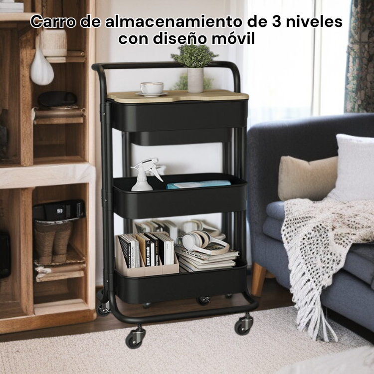 Carro de almacenamiento de 3 niveles con estantería móvil