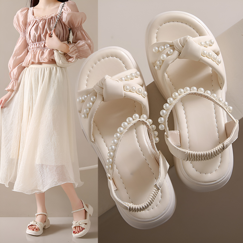 2025年夏の新作サンダル、妖精風厚底サンダル、レディースファッションパールレディースシューズ、小さめの香り風厚底サンダル、レディースサンダル