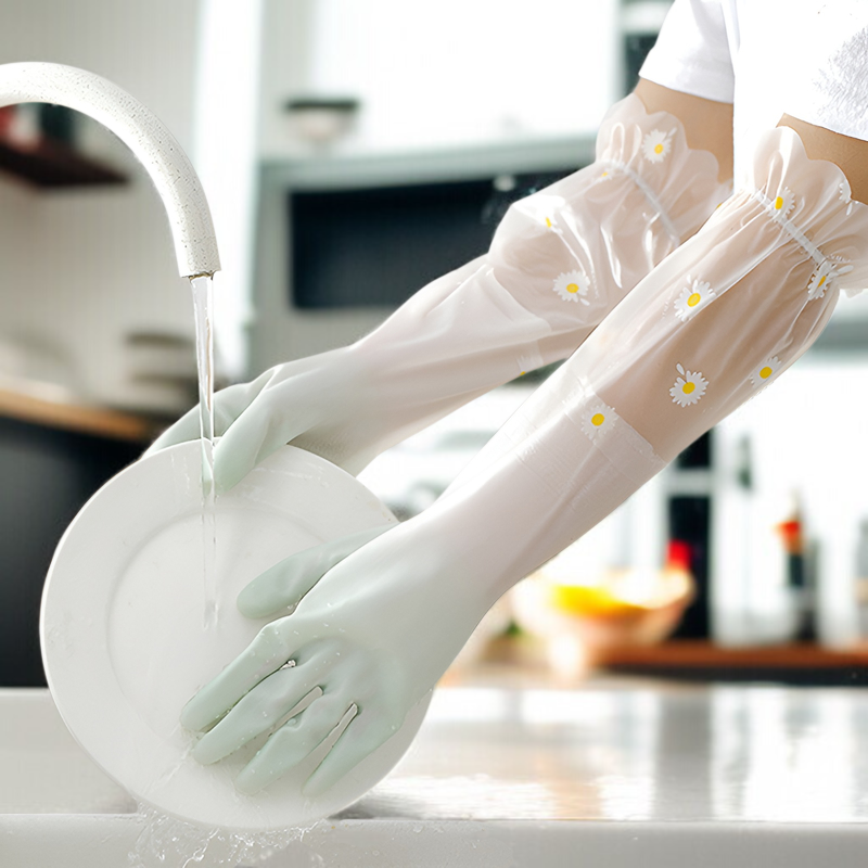 ゴム手袋 キッチン 食器洗い 手袋 ロング ラバーグローブ 皿洗い 厚手 女性用 長い 皿洗い用ゴム手袋 食器洗い手袋 炊事用ゴム手袋 キッチン用ゴム手袋 裏地付き 手荒れ防止 丈夫 フリーサイズ