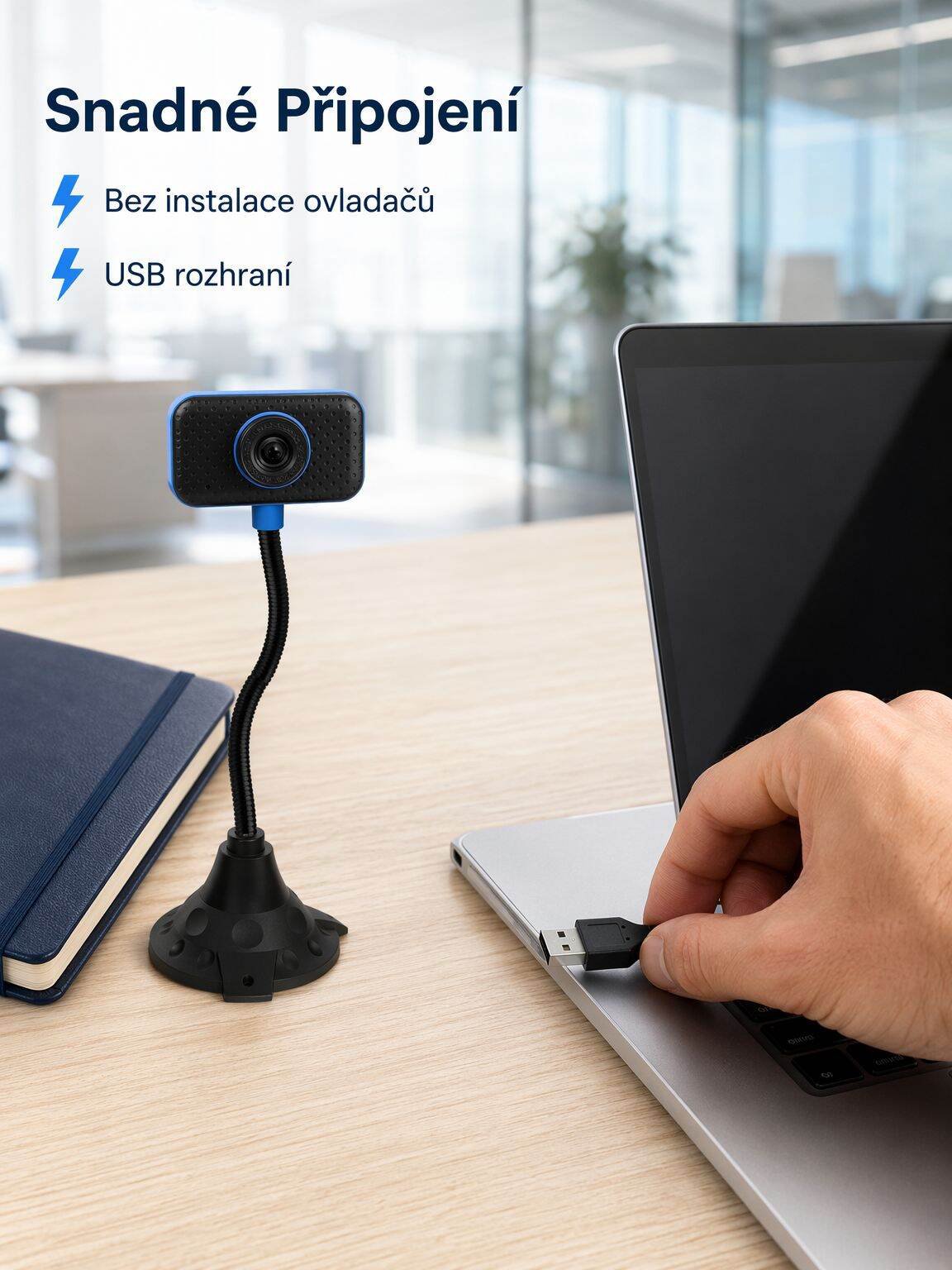 HD webová kamera pro počítač, USB připojení, vhodná pro stolní a přenosné počítače