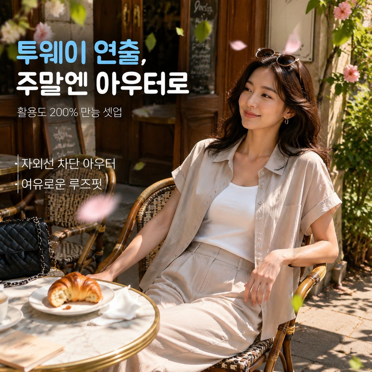 여성 루즈핏 반소매 셔츠+하이웨스트 와이드팬츠 세트