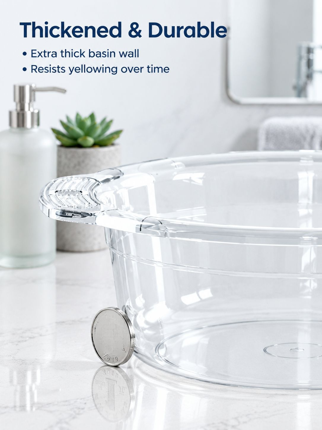 Clear household basin showing its transparent design