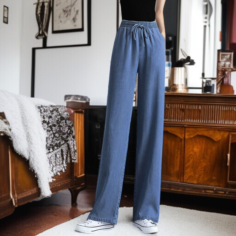 작은 키에 날씬해 보이는 밴딩 허리 일자 청바지 하이웨스트 텐셀 청바지 캐주얼 처짐 와이드 팬츠