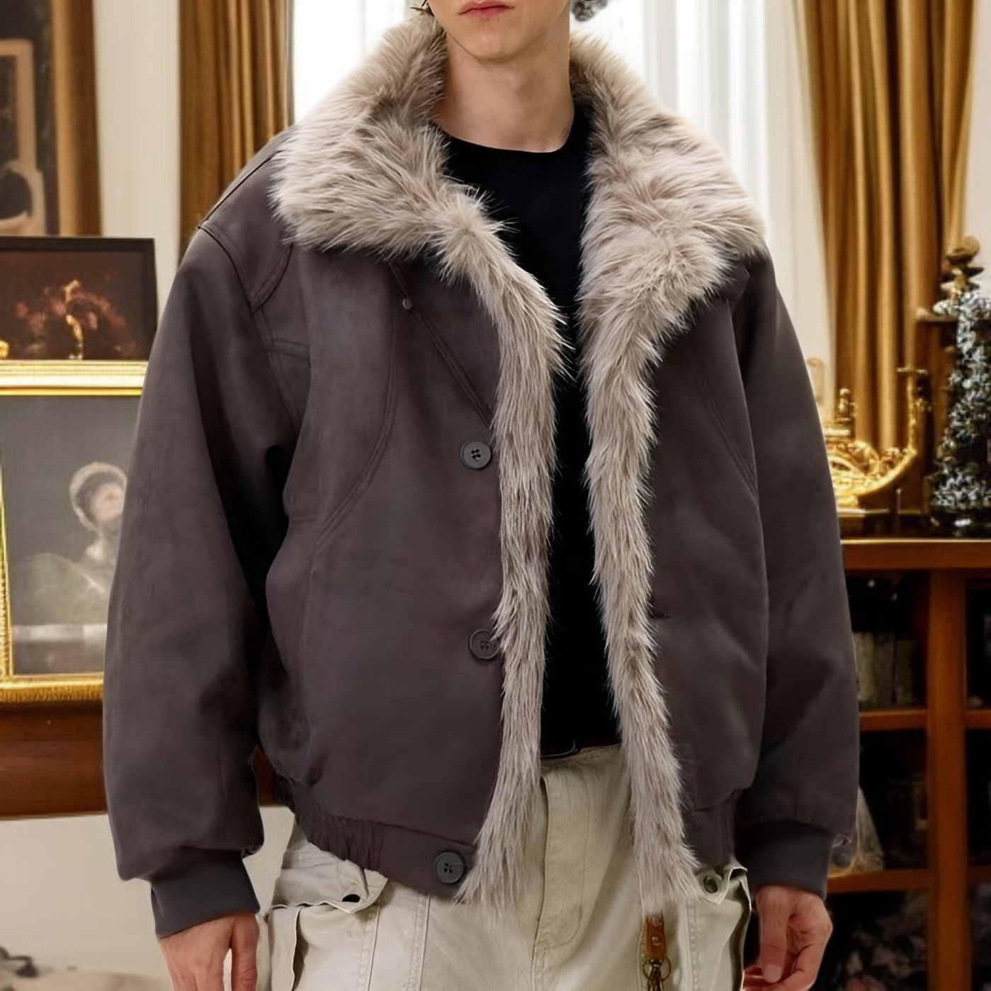 2025 レトロ風 マウンテンカービング 厚手 コットン パッド入り ジャケット メンズ レディース ルーズフィット デコンストラクト 起毛 高級感 ファーカラーコート グレー