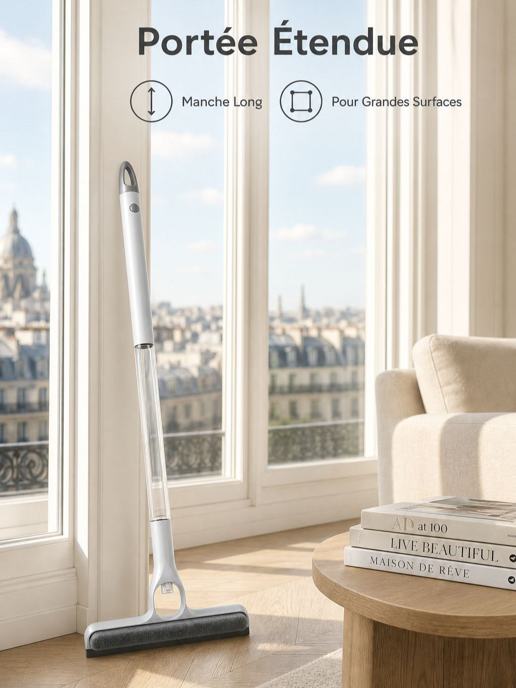 Nettoyeur de vitres double face avec pulvérisateur et raclette allongée