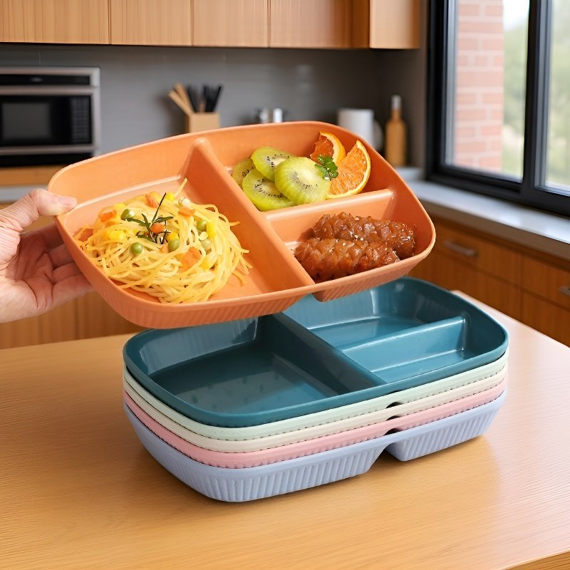 밀짚 소재의 3칸 다이어트 접시, 건강식 접시