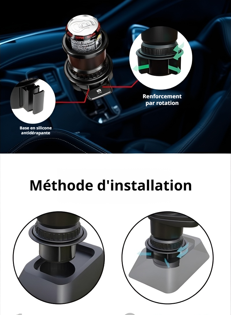 Support de gobelet auto 2-en-1 tenant une bouteille et une tasse