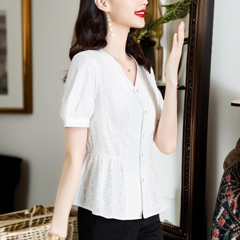 여름 신상 패셔너블하게 배를 가리는 중년 엄마 허리띠를 줄여 날씬해 보이는 블라우스녀