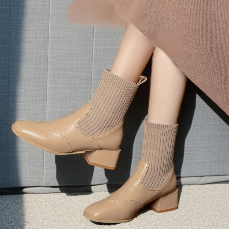 マーティンブーツチェルシーブーツハイレトロチャンキーヒールスキニーブーツブラウンウーンスクエアつま先シングル綿オプションニットストレッチ