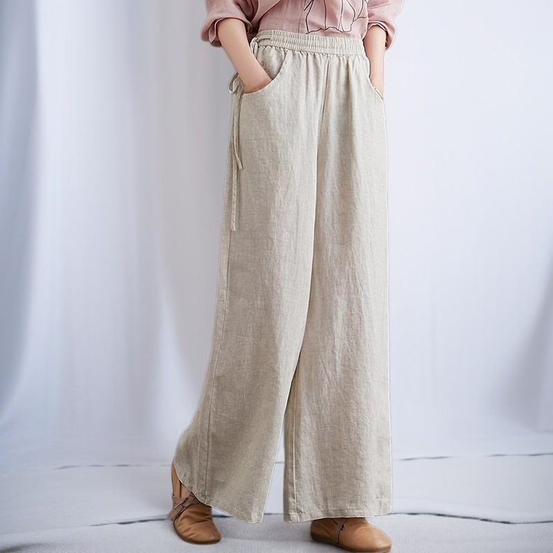 女性用ハイウエスト、ドレープ入りコットンリネンパンツ